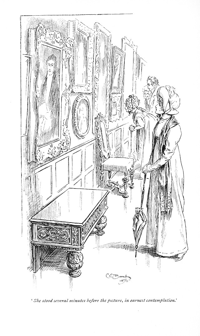 Black and white illustration of Elizabeth Bennet looking up at a gallery wall portrait of Mr. Darcy