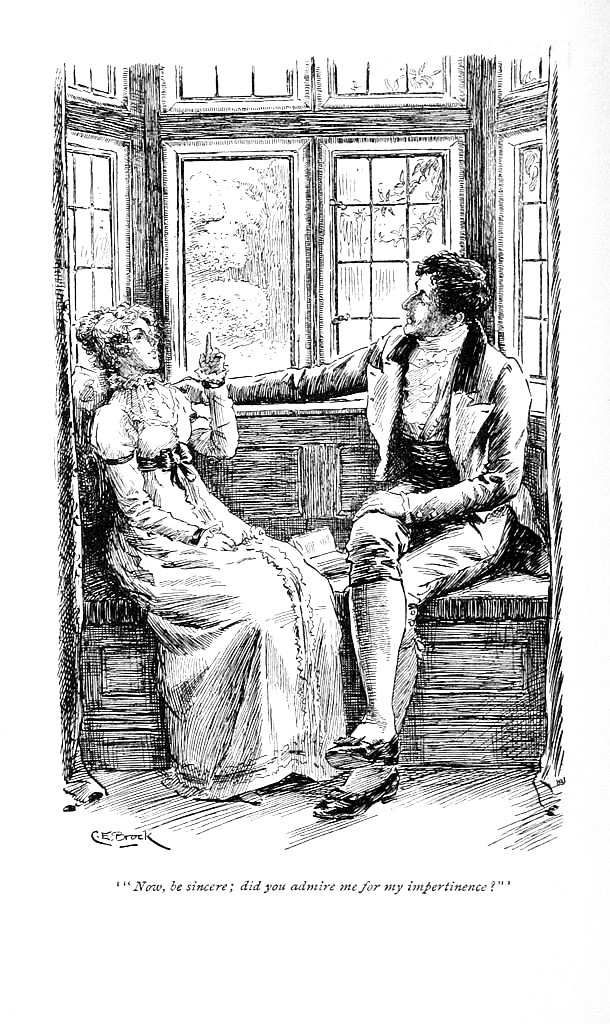 Black and white illustration of Mr. Darcy and Elizabeth Bennet sitting on a window bench talking