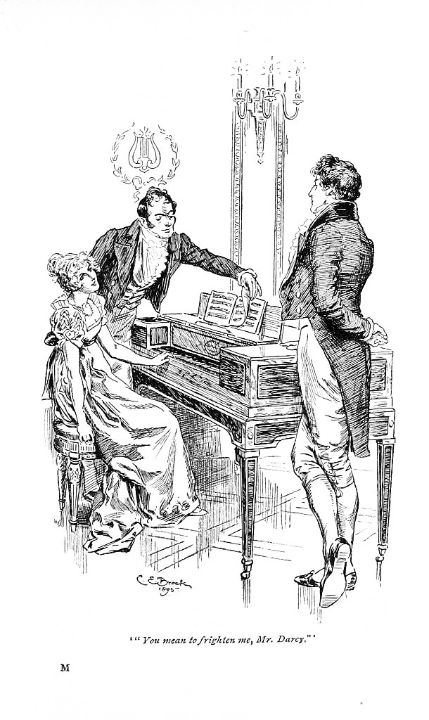 Black and white illustration of Elizabeth Bennet sitting at a piano while Mr. Darcy looks on and Colonel Fitzwilliam turns a page