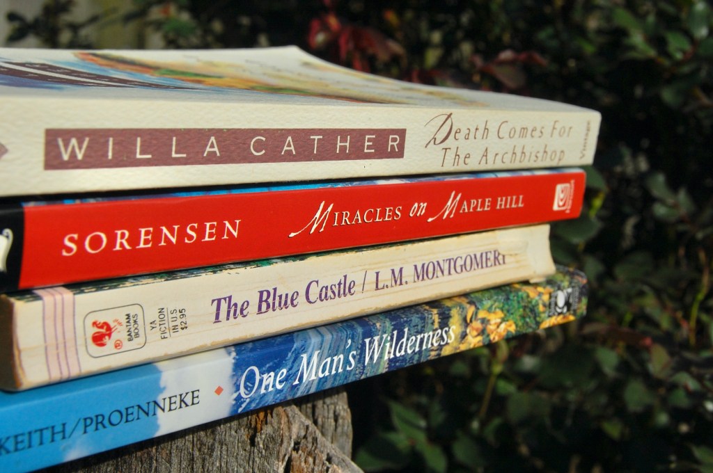 The four books mentioned in the post (two cream spines, one red, one blue, white, and yellow) against blurred greenery and a bit of wood in the lower left 