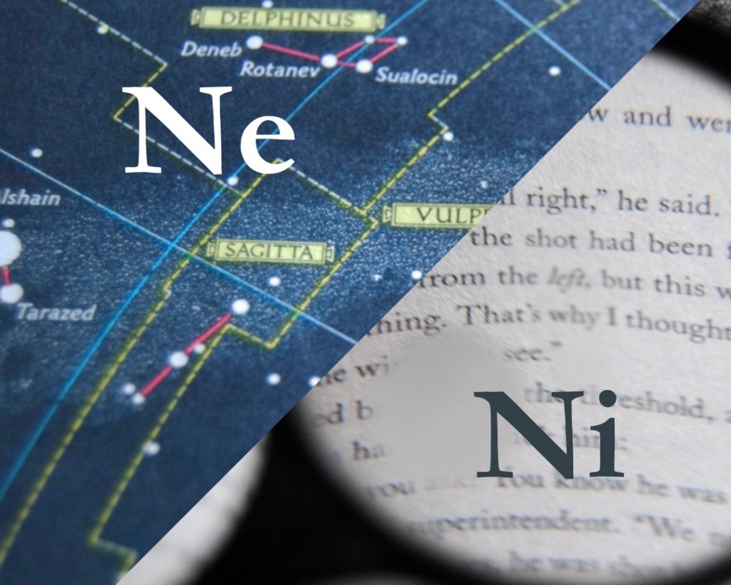 Upper right diagonal has a stellar map with the letters "Ne." Lower right diagonal has a book page under a magnifying glass with the letters "Ni."