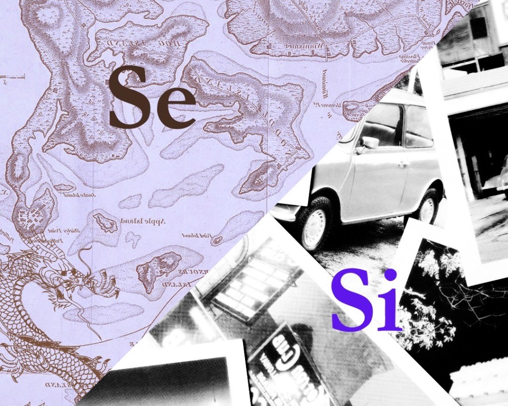 Upper left diagonal has a lavender hued map with a dragon and the letters "Se." Lower right diagonal has vintage black & white photos with the letters "Si."