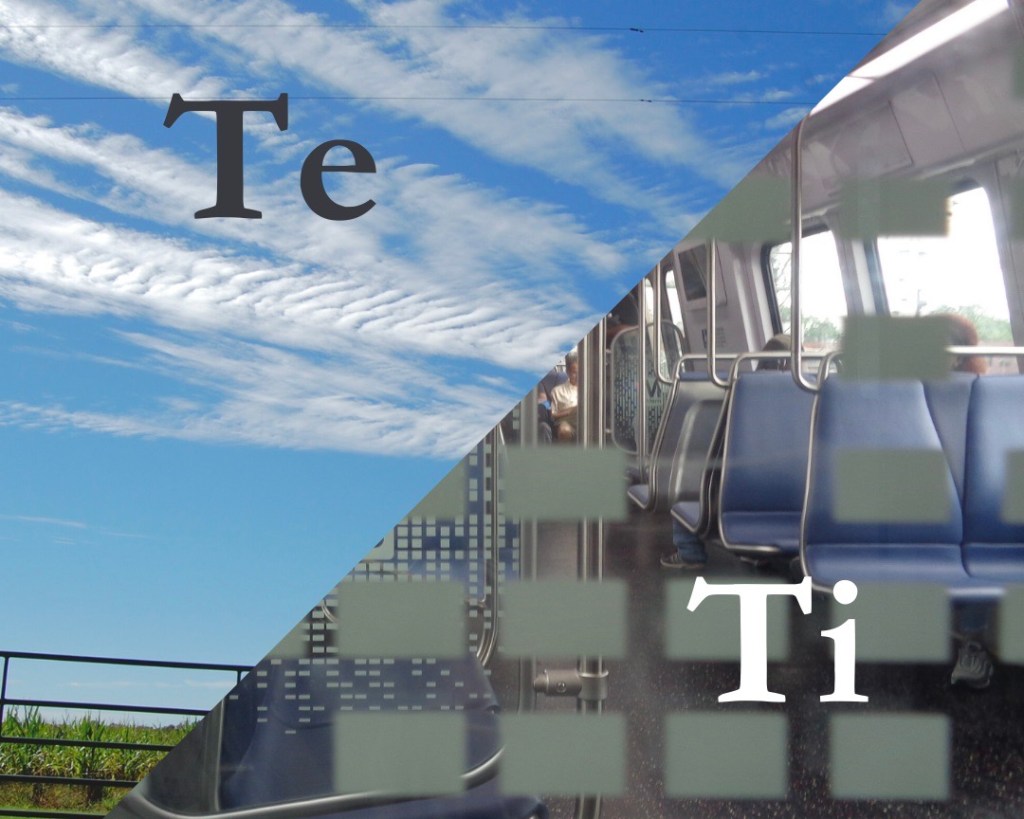 Upper left diagonal has a wide blue sky with trace clouds, a gate, and green grass with the letters "Te." Lower right diagonal has a metro train with blue seats, with the letters "Ti."